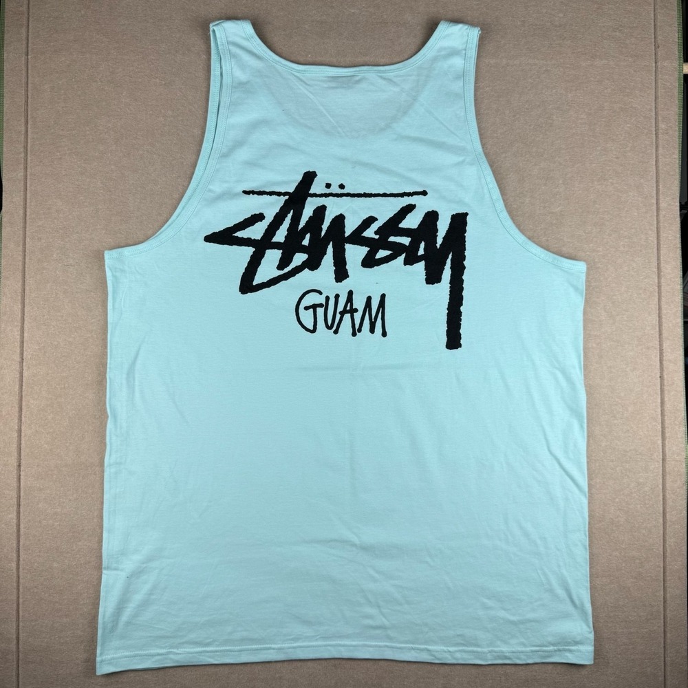 Stussy Guam Tank Top Mens 2XL Light Blue Streetwear Graphic Logo Sleeveless Tee